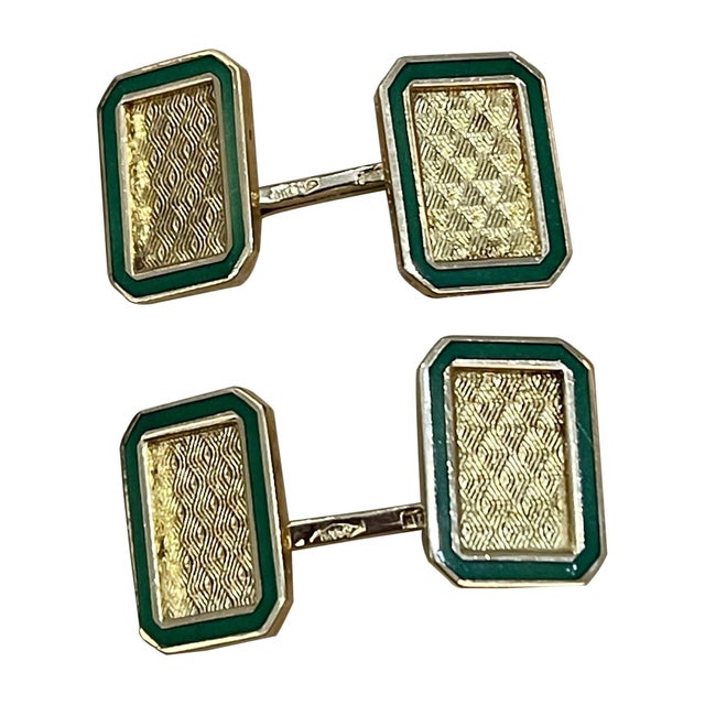 Emerald Cut Shape Green Enamel Cufflinks in 18 Karat Yellow Gold 13 Gm, Men's, A Pair For Sale - Image 15 of 18