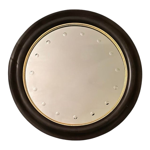 Victoria Hagan Mult-Convex Round Bullseye Federal Style Mirror in Dark Walnut With a Gilt / Gold Fillet. For Sale