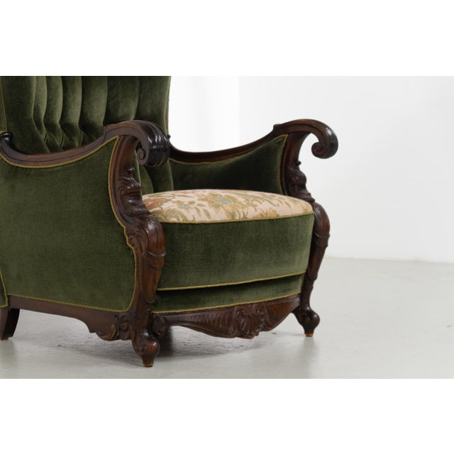 Danish Carved Lounge Chair in Green Velvet, 1920s For Sale - Image 17 of 18
