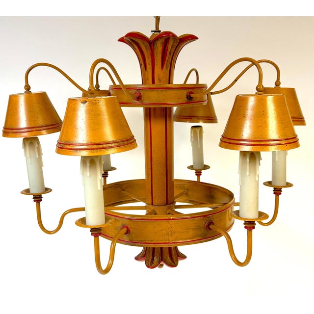 Hollywood Regency Mid 20th Century Hollywood Regency Ochre Japanned Faux Bamboo Tole Six-Light Chandelier For Sale - Image 3 of 18