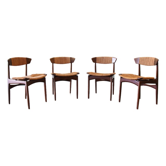 1960s Ib Kofod Larsen for Selig Danish Seagrass and Beech Dining Chairs- Set of 4 For Sale