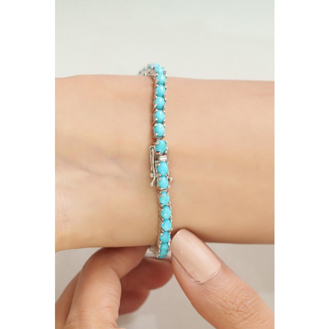 Handcrafted Vibrant Oval Cut 7.28 Ct Blue Turquoise Tennis Bracelet - December Birthstone Gift For Sale - Image 6 of 12