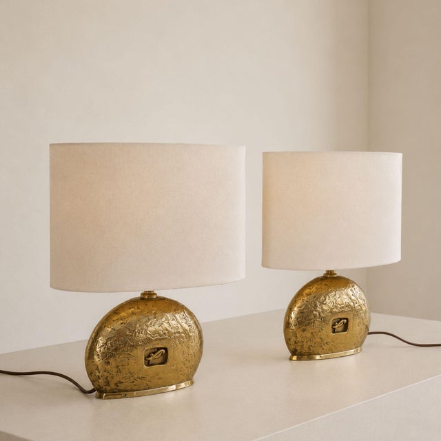 1970s Italian Cast Brass Table Lamps With Oval Shades - Pair For Sale - Image 4 of 8