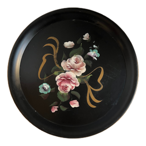 Vintage Black Tole Tray With Roses and a Bow