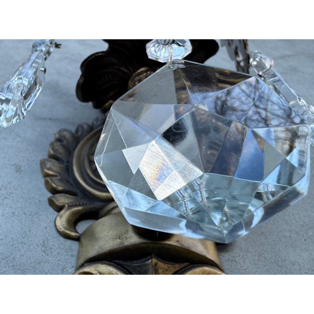 Italian Brass Wall Sconces with Porcelain Roses and Crystal Drops, 1950s, 1920s, Set of 2 For Sale - Image 10 of 16