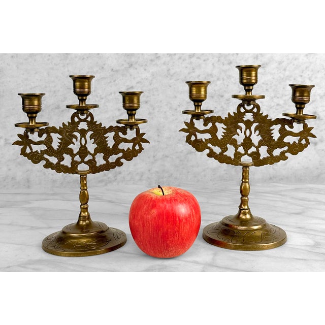 - Original 1970's Asian Chinoiserie Mantle Candlestick Holders - Solid Brass with a Wonderful Tarnished Finish - Pierced...