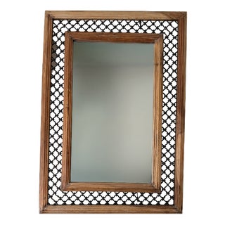 Woven Lattice Work Mirror with Reeded Wooden Frame, 1980s For Sale