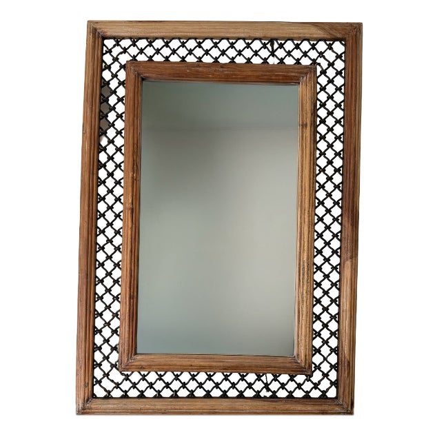 Woven Lattice Work Mirror with Reeded Wooden Frame, 1980s For Sale