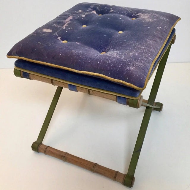 1970s Faux Bamboo & Steel Upholstered X Stool For Sale - Image 4 of 6