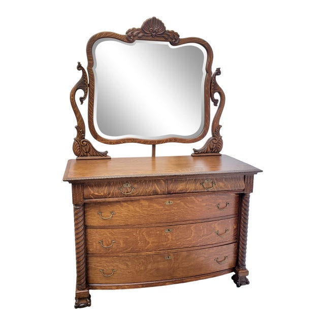 1900s Victorian Tiger Oak American Dresser Chest with Mirror For Sale