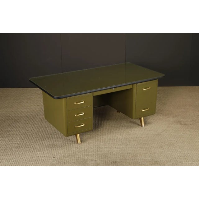 Mid-Century Modern Steel Tanker Desk in Olive Green W Glass Top and Brass, 1960s For Sale - Image 4 of 18