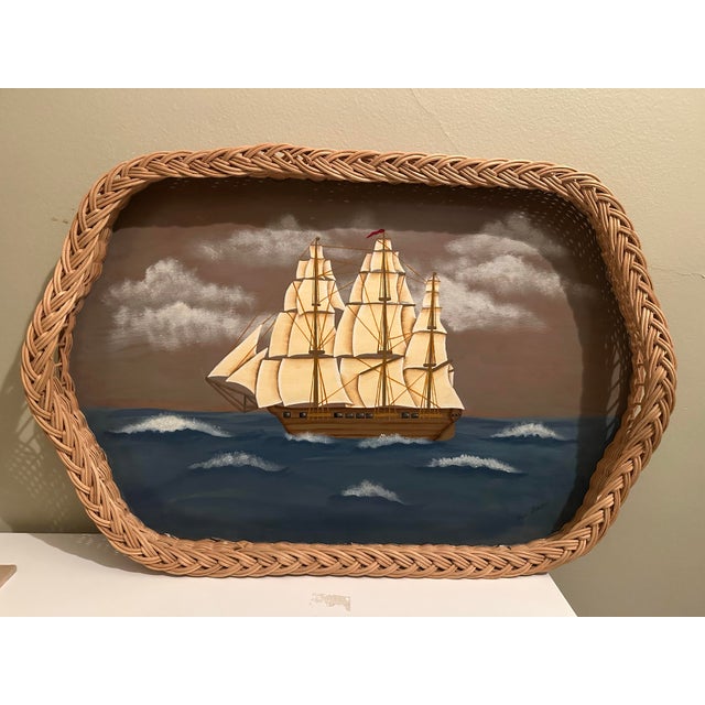 Nautical Vintage Nautical Hand Painted Wicker Tray For Sale - Image 3 of 7