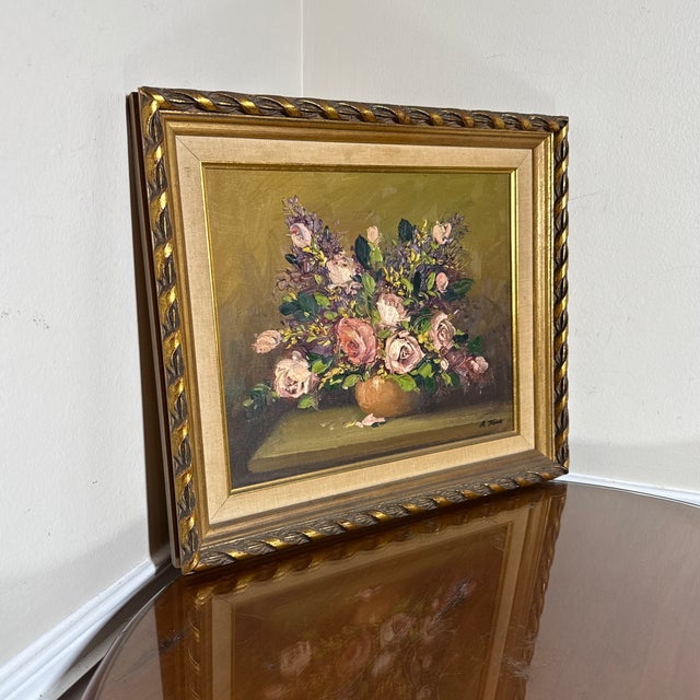 Mid-Century Modern Vintage Floral Oil Painting Framed & Signed a.t For Sale - Image 3 of 8