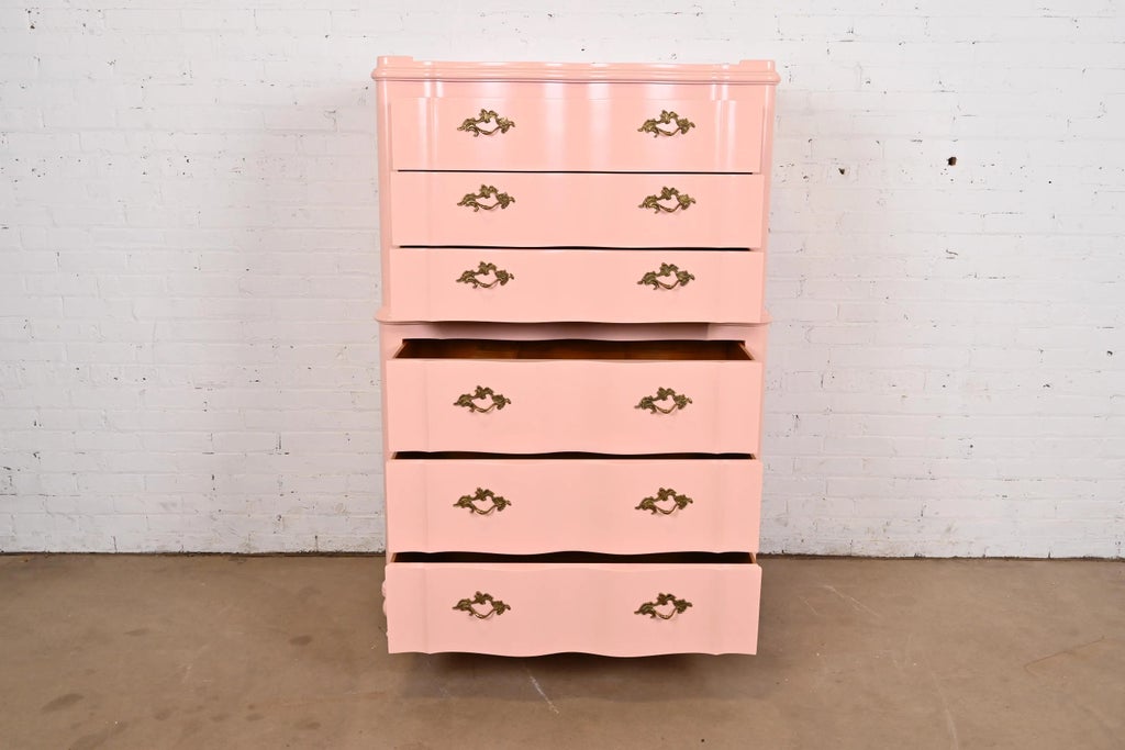 John Widdicomb French Provincial Louis XV Pink Lacquered Highboy