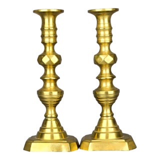 1830's English Beehive Diamond Solid Brass Push-Up Candlestick Holders Set of 2 For Sale