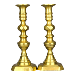 1830's English Beehive Diamond Solid Brass Push-Up Candlestick Holders Set of 2