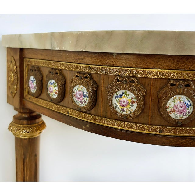 Brown 1970s Louis XVI Marble Top Console Table, Gilt Bronze, Porcelain Hand-Painted Plaques For Sale - Image 8 of 14