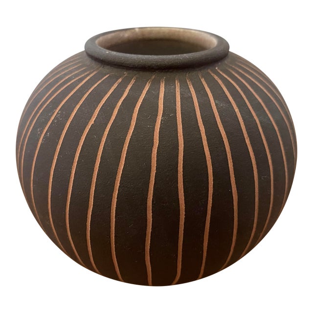 Midcentury Black and Terra Cotta Incised Pottery Vase by Steuler Ceramics of West Germany For Sale