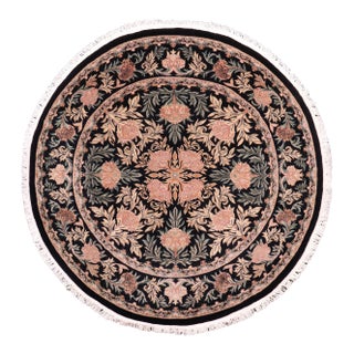 Shabby Chic 1990's Floral Tulip Pak-Persian Black/Tan Wool Round Rug- 8'0'' X 8'2'' For Sale