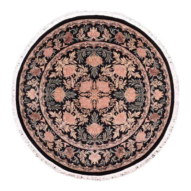 Shabby Chic 1990's Floral Tulip Pak-Persian Black/Tan Wool Round Rug- 8'0'' X 8'2'' For Sale