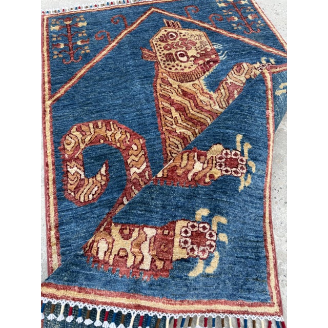 Blue Gold Hand Knotted Tibetan Tiger Pictorial Wool Rug, 03'01 X 04'08 For Sale - Image 9 of 10