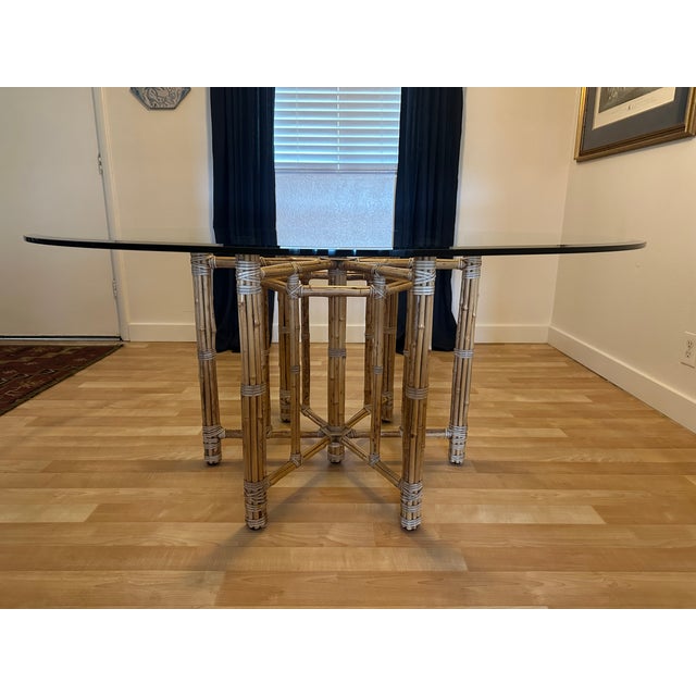 Beige 1990s Unmarked McGuire Organic Modern Bamboo & Rattan Circular Dining Table With Glass Top For Sale - Image 8 of 12