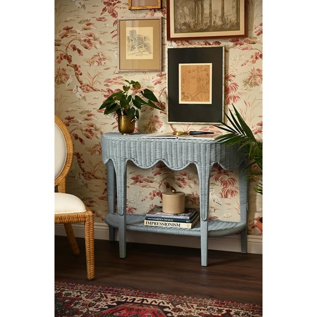 Brand new special order item. Not vintage. Demi lune in shape, this console rounds every corner into a soft half-moon with...