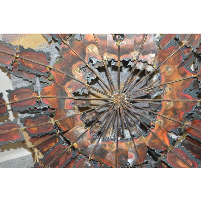 Rustic Brutalist Brass / Copper Colored Metal & Iron Jere Style Circular Windmill Wall Hanging Art For Sale - Image 3 of 13