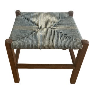 Vintage Woven Rush Wooden Footstool For Sale