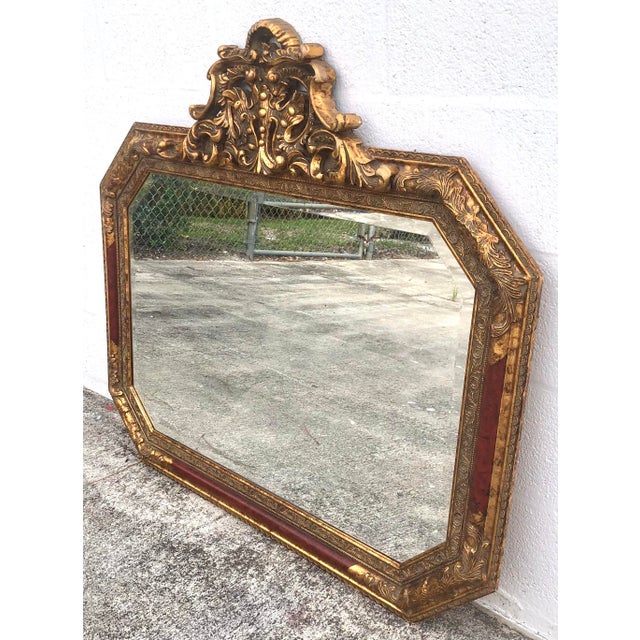 Large Vintage Mid Century Red Column Gold Gilt Beveled Glass Hanging Wall Mirror For Sale - Image 9 of 11