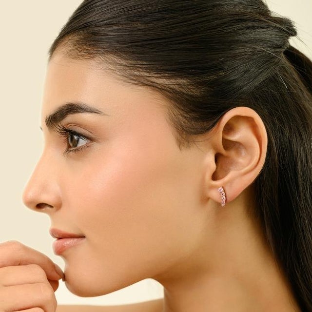 Modern Pink Sapphire Curved Bar Stud Earrings in 14k Yellow Gold Modern Jewelry- 2 Pieces For Sale In New York - Image 6 of 9