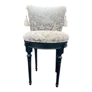 1980s Custom Upholstered French Swivel Vanity Seat With Decorative Tassels For Sale