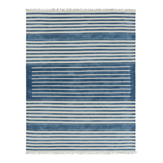 Rug & Kilim's Contemporary Dhurrie Rug in Dark Blue and White Stripes - 5x8 For Sale