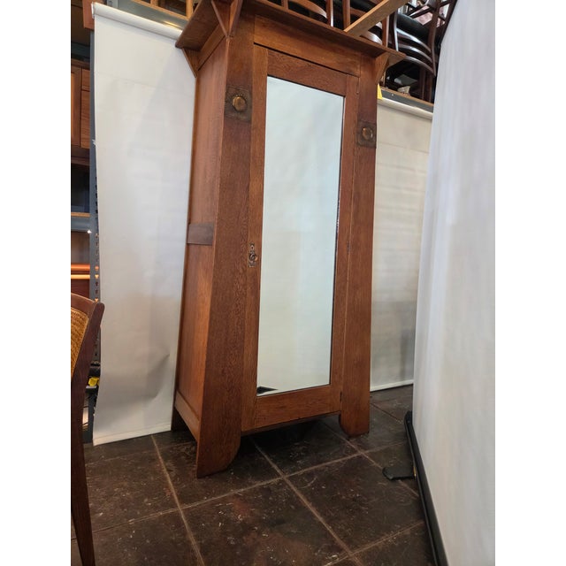 Arts & Crafts Liberty Style Oak Mission Armoire Hand Hammered Copper Accents For Sale - Image 13 of 13