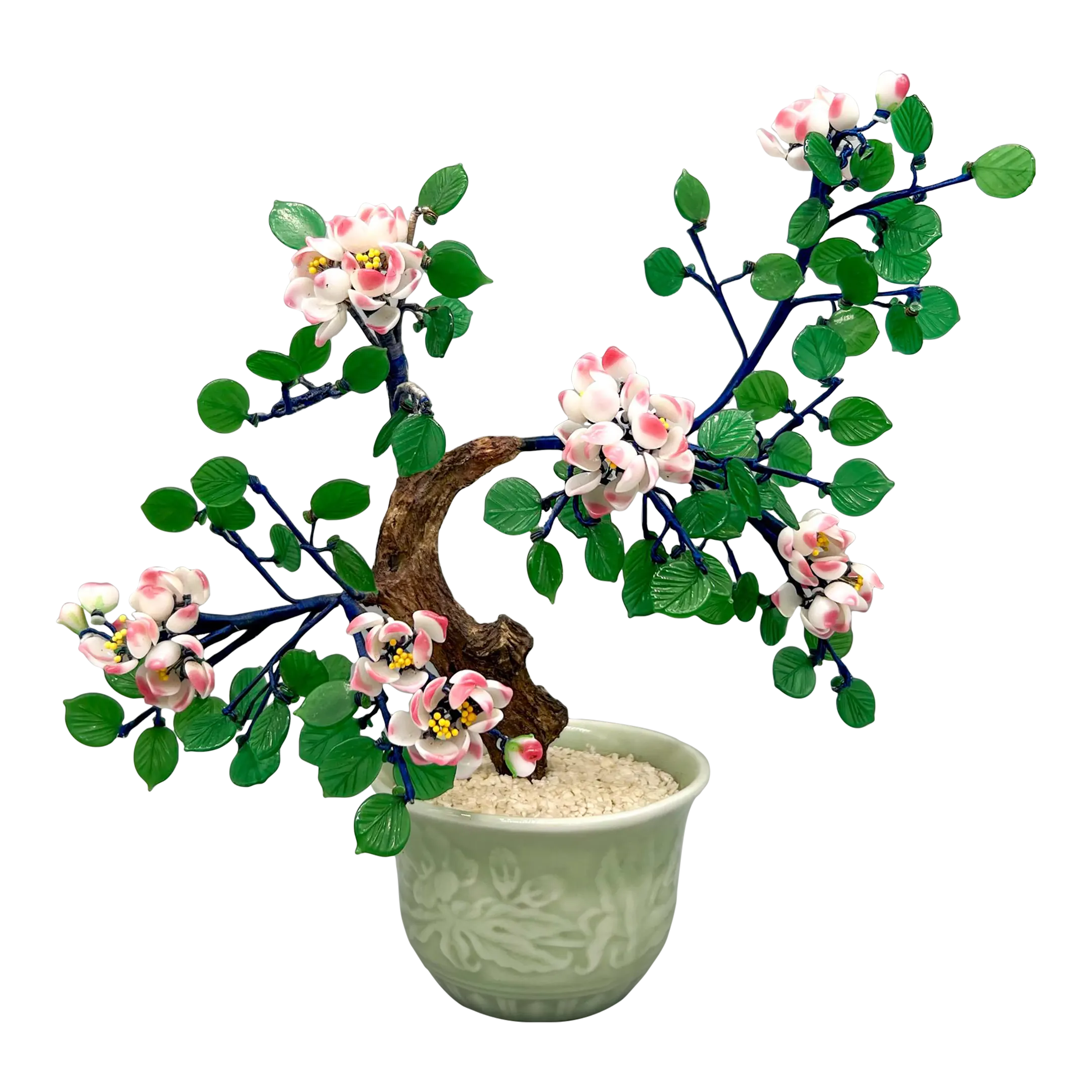 Vintage Chinese Glass Cherry Blossom Bonsai Tree in Celadon Pot | Chairish
