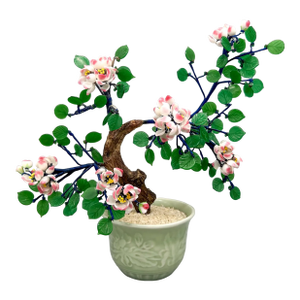 Vintage Chinese Glass Cherry Blossom Bonsai Tree in Celadon Pot