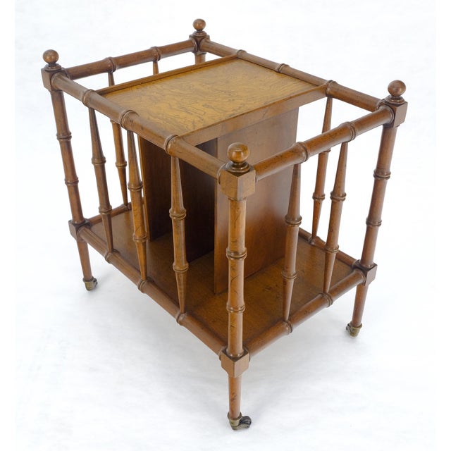 Faux Bamboo & Burl Canterbury Magazine Rack Stand Table on Brass Wheels MINT! For Sale - Image 6 of 11
