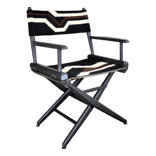 Vintage Modern Director’s Chair Folding Black Brown White Geometric Needlepoint For Sale