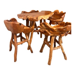 Vintage Handcrafted Rustic Live Edge Log Dining Set With Four Sculpted Wood Chairs For Sale