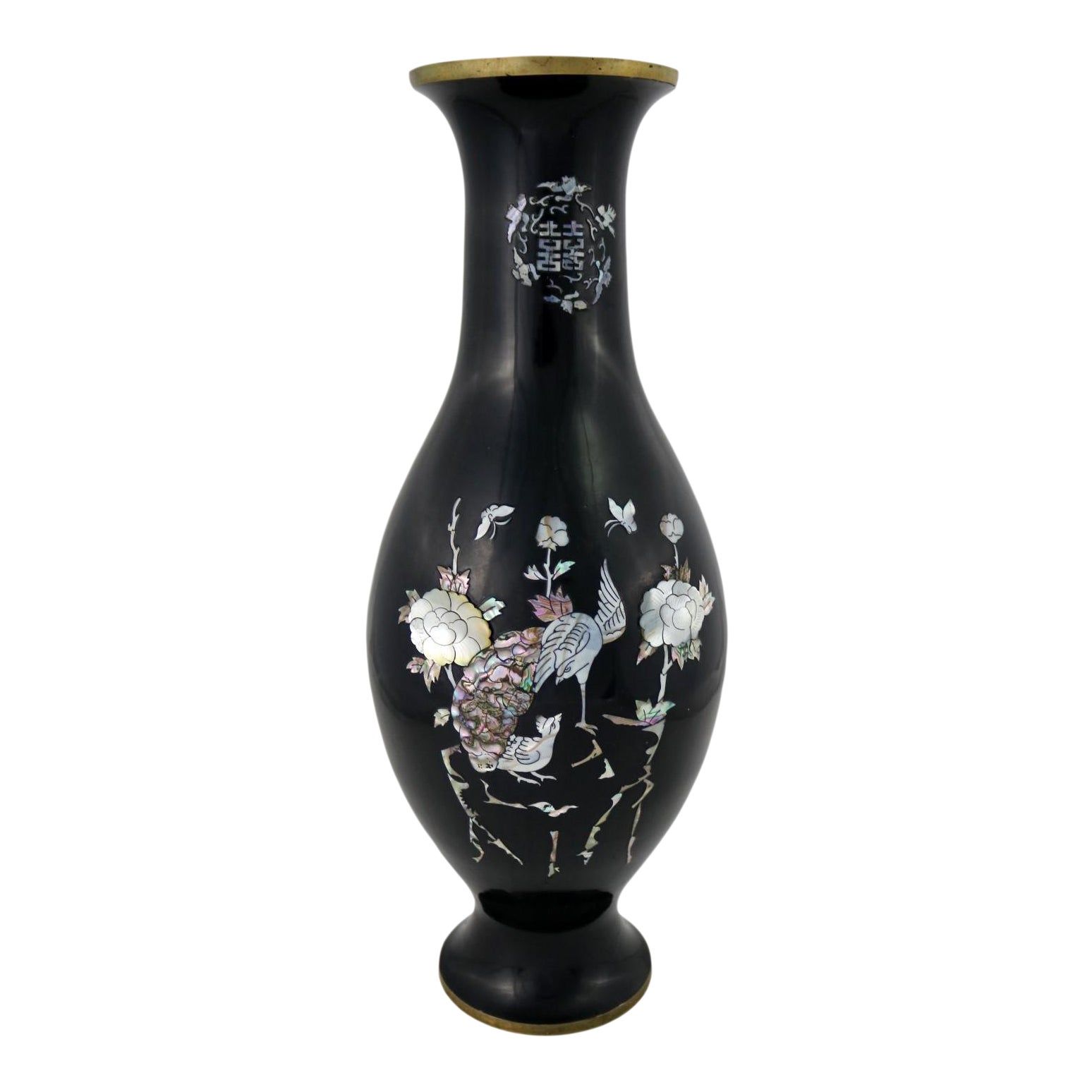 Black Lacquer With Inlaid Mother Of Pearl Korean Bottle Vase Extra Large Footed Vintage Chairish