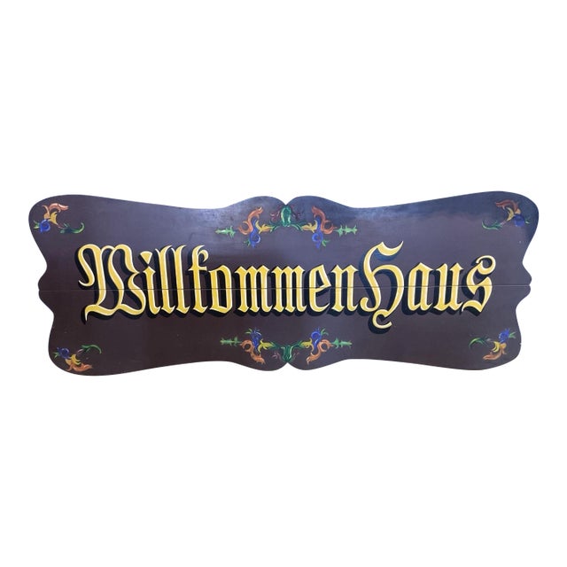 Vintage Statement German Willkommenhaus Hand Painted Wooden Folk Art Sign For Sale