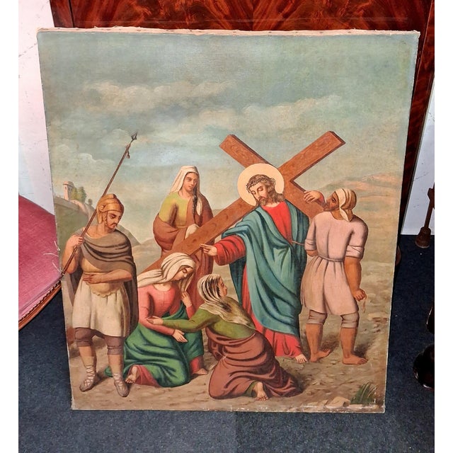 Stations of the Cross Jesus Meets the Holy Women of Jerusalem, 1800s, Oil Painting on Canvas For Sale - Image 3 of 5
