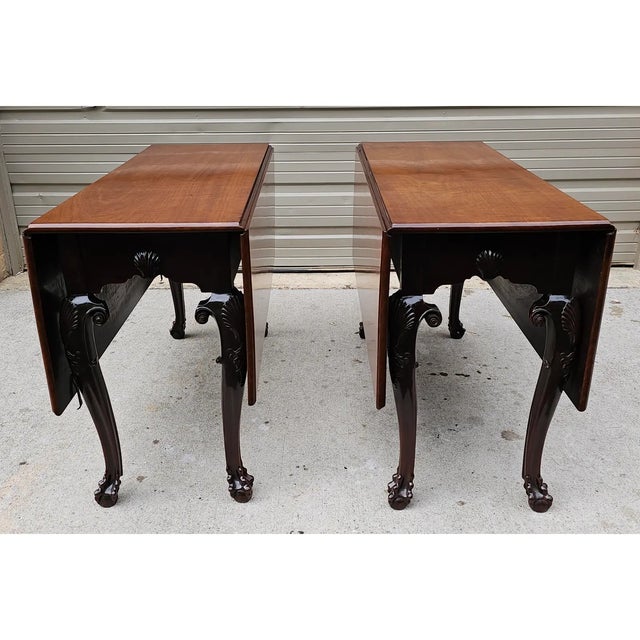 Wood Pair of Antique Chippendale Carved Walnut Claw-And-Ball Foot Drop-Leaf Dining Tables For Sale - Image 7 of 9