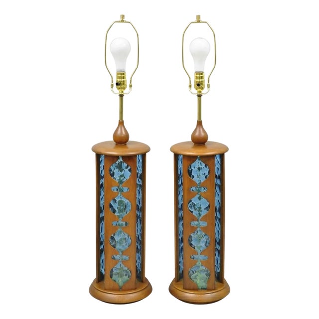 Vintage Modeline Mid Century Modern Walnut & Blue Stained Glass Table Lamps Pair For Sale