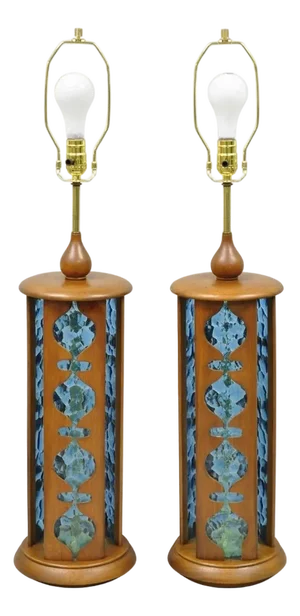 Vintage Modeline Mid Century Modern Walnut & Blue Stained Glass Table Lamps Pair