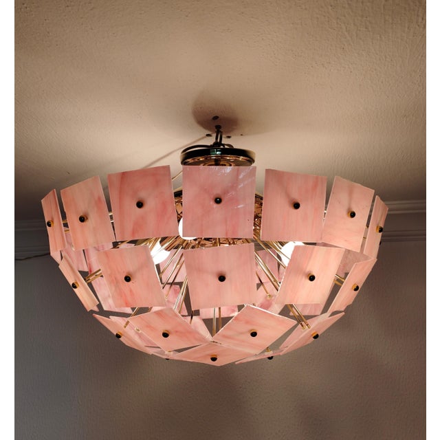 2020s Pink Vitrail Glass Sputnik Flush Mount Chandelier Mid-Century Inspired Art Lighting For Sale - Image 5 of 11