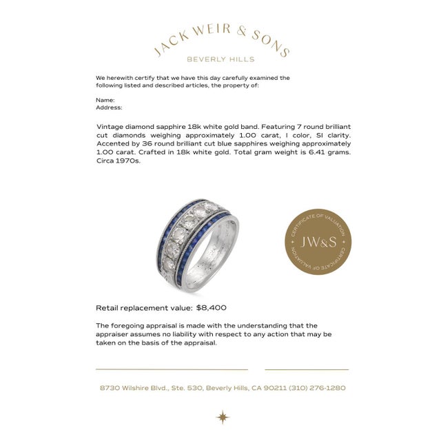 Metal Vintage Diamond Sapphire 18k White Gold Band, Size 6.25 For Sale - Image 7 of 7