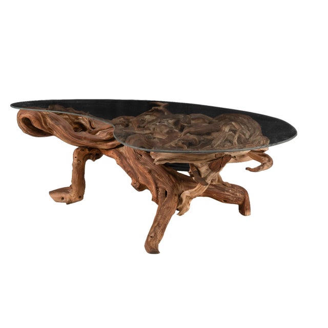 Mid-Century Organic Modern 1960s Driftwood Coffee Table Original Biomorphic Kidney Glass Top For Sale - Image 12 of 16