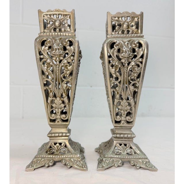 Pair of Antique Victorian Reticulated Open Worked Nickel Plated Brass Vases For Sale In New York - Image 6 of 11