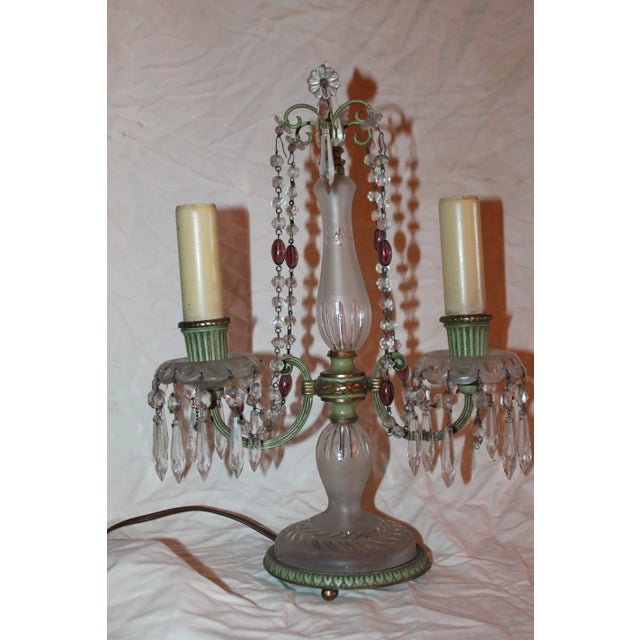 c1850 Antique British F&C Osler style Cut and Frosted 2 light Table Lamp/ Girandole. Double sided with lavender crystal...